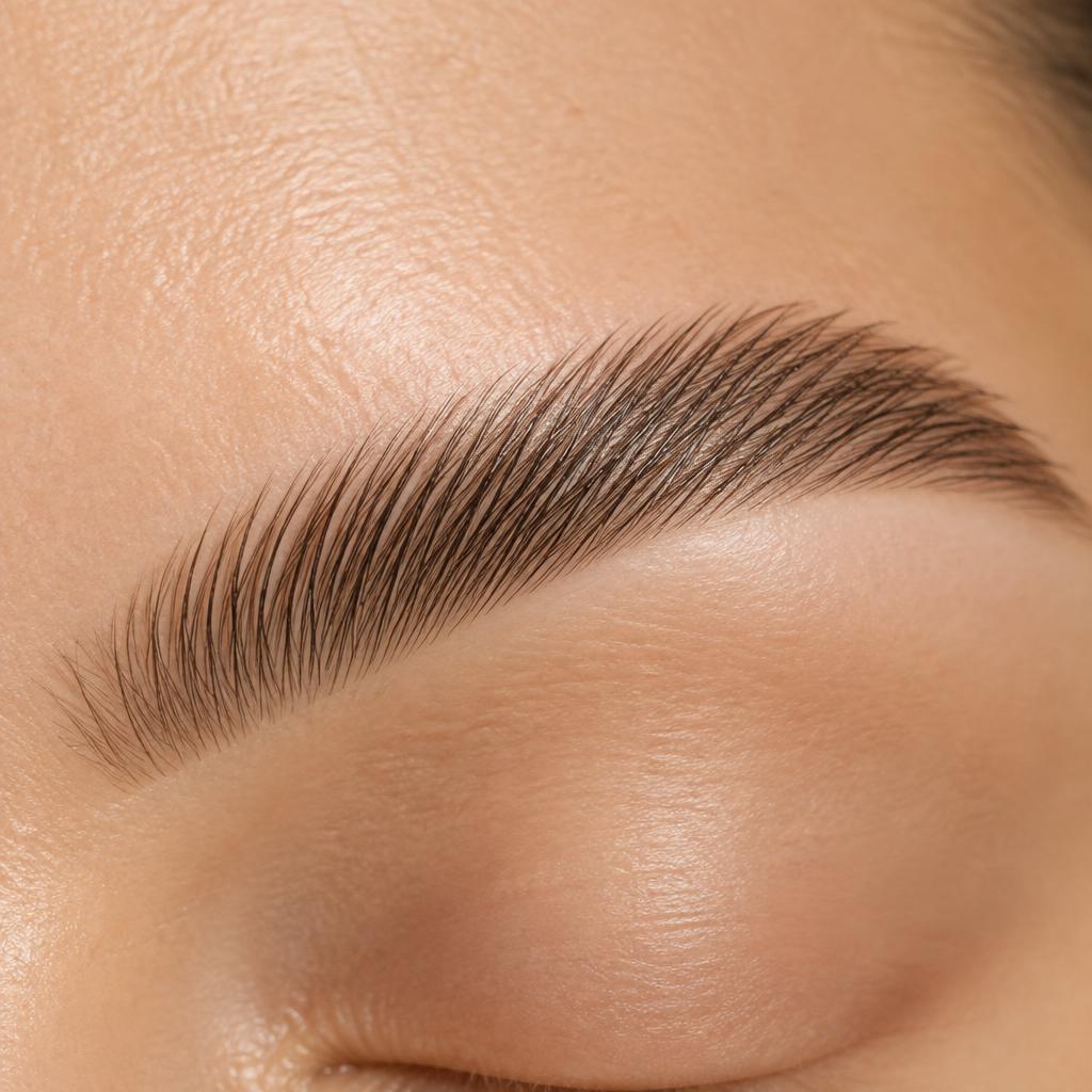 A close-up of a softly shaped, feathered brow