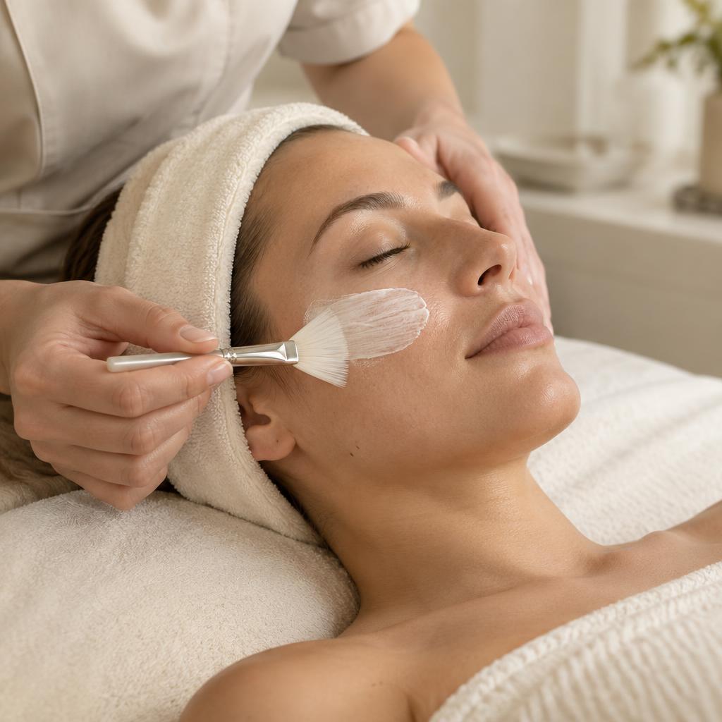 A relaxing facial treatment with a soft cream mask