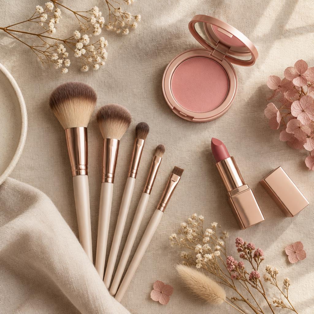 Makeup brushes and a blush compact arranged on soft linen