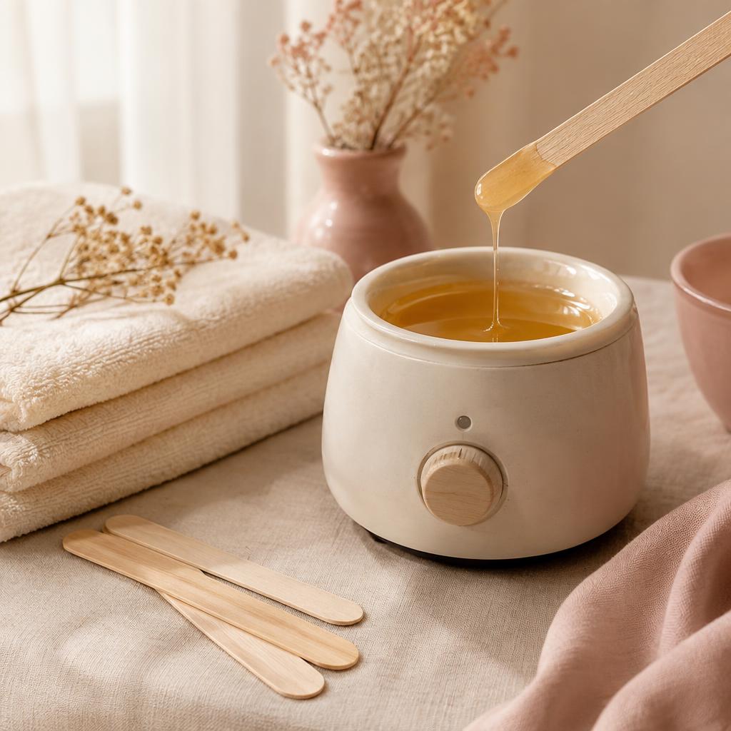 Warm wax, spatulas and soft towels prepared for a waxing treatment